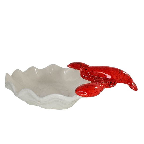 Lobster Dish Bowl Shell Clam Scalloped Red White Ceramic *Chipped* - Picture 2 of 11